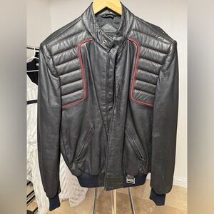 Yahama Vintage 80’s Black Leather Rider Motocycle Jacket with Red Trim
